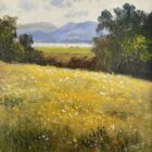 lake district art original oil painting by local artist Jeff Sudders featuring a colourful flower meadow overlooking a Lake and mountains