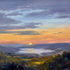 Oil painting by Lake District artist Jeff Sudders of a beautiful tranquil sunset of Lake Windermere
