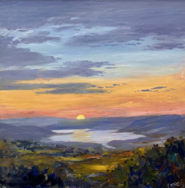 Oil painting by Lake District artist Jeff Sudders of a beautiful tranquil sunset of Lake Windermere