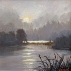 lake district art original oil painting by local artist Jeff Sudders featuring clouded sunrise over the lake.