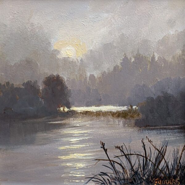lake district art original oil painting by local artist Jeff Sudders featuring clouded sunrise over the lake.