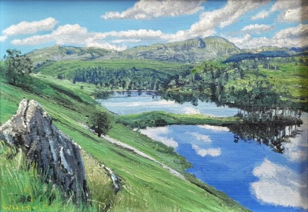 original oil painting by local artist Simon Whitfield featuring tarn hows summer scene looking towards the coniston fells