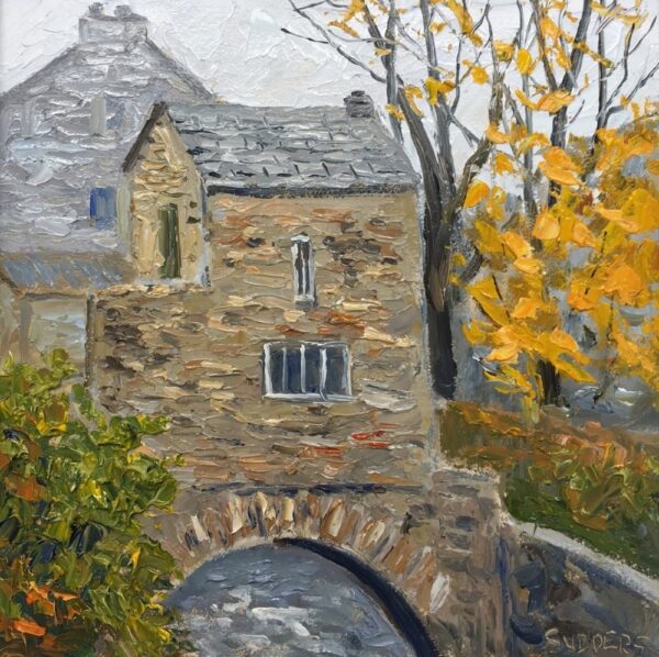 lake district art original oil painting by local artist Jeff Sudders of the iconic bridge house in ambleside