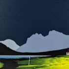 Lake District art original acrylic painting The Langdale Pikes from Loughrigg Tarn by Jay Nottingham with dark blue sky silhouetted mountains and yellow foreground with white house.
