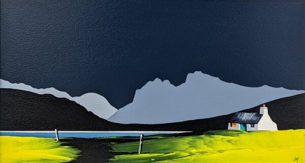 Lake District art original acrylic painting The Langdale Pikes from Loughrigg Tarn by Jay Nottingham with dark blue sky silhouetted mountains and yellow foreground with white house.