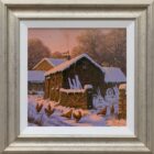 Edward hersey original oil painting of the english countryside with farm buildings scrap wood and chickens in a snowy winter scene