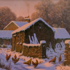 Edward hersey original oil painting of the english countryside with farm buildings scrap wood and chickens in a snowy winter scene
