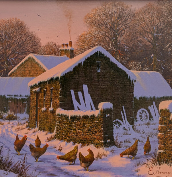 Edward hersey original oil painting of the english countryside with farm buildings scrap wood and chickens in a snowy winter scene