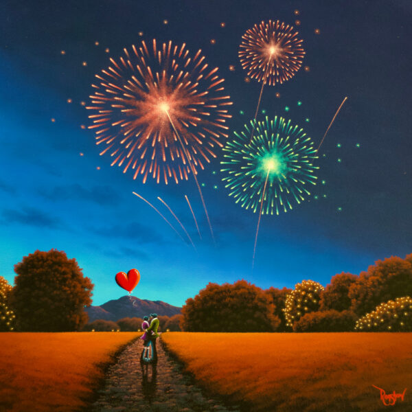 Lake District art original oil painting by David Renshaw. featuring Ted and Doris looking at colourful firework explosions nightsky