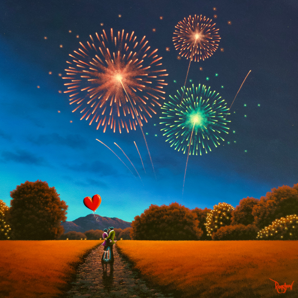 Together Our Hearts Sparkle by David Renshaw Lake District art original oil painting by David Renshaw. featuring Ted and Doris looking at colourful firework explosions nightsky