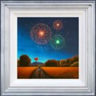 Lake District art original oil painting by David Renshaw. featuring Ted and Doris looking at colourful firework explosions nightsky