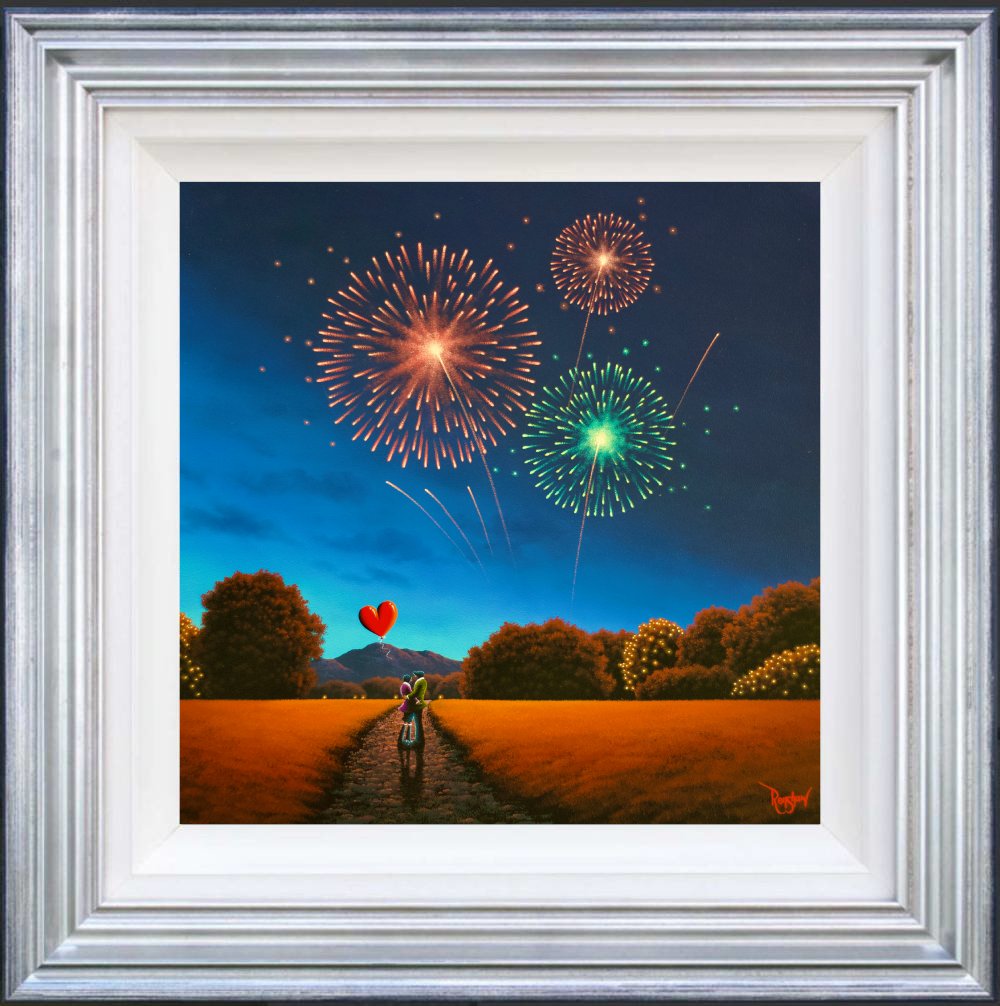 Lake District art original oil painting by David Renshaw. featuring Ted and Doris looking at colourful firework explosions nightsky