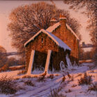 lake district art original oil painting treading softly by edward hersey of a barn and farmhouse in the snow in the red early morning winter light.
