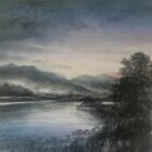 lake district art original charcoal painting of mountains and lake with trees in the foreground and the hint of a sunset.