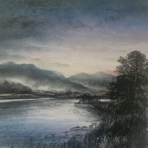 lake district art original charcoal painting of mountains and lake with trees in the foreground and the hint of a sunset.