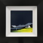 Lake District Art original acrylic painting Ullswater by Jay Nottingham in his dramatic style of mountain sihouettes in blues with a cottage in the foreground.