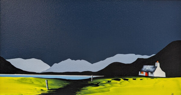 lake district art original acrylic painting by artist jay nottingham. ullswater with a bold contrasting landscape and mountain silhouettes
