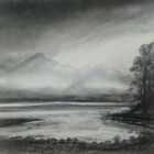 lake district art original charcoal painting of an atmoshperic Catbells from the shores of Derwentwater