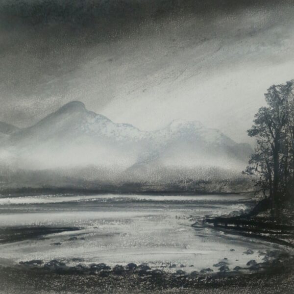 lake district art original charcoal painting of an atmoshperic Catbells from the shores of Derwentwater