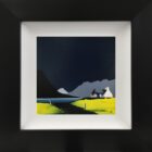 Lake District Art original acrylic painting wastwater yewbarrow great gable scafell by Jay Nottingham in his dramatic style of mountain sihouettes in blues with a cottage in the foreground.