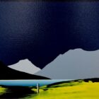 Lake district art original acrylic painting Wastwater Yewbarrow Great Gable and Scafell by Jay Nottingham with dark blue sky and silhouetted mountains with white house and yellow foreground.