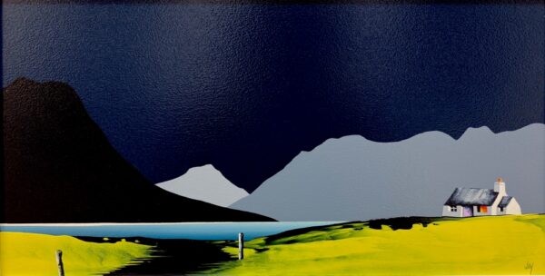 Lake district art original acrylic painting Wastwater Yewbarrow Great Gable and Scafell by Jay Nottingham with dark blue sky and silhouetted mountains with white house and yellow foreground.