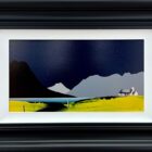Lake district art original acrylic painting Wastwater Yewbarrow Great Gable and Scafell by Jay Nottingham with dark blue sky and silhouetted mountains with white house and yellow foreground.