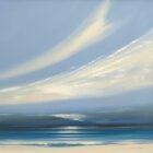 Lake District art original acrylic painting Wedgewood Skies by Jonathan Shaw of a sweeping sk with white clouds over a shoreline in soft pastel blues.