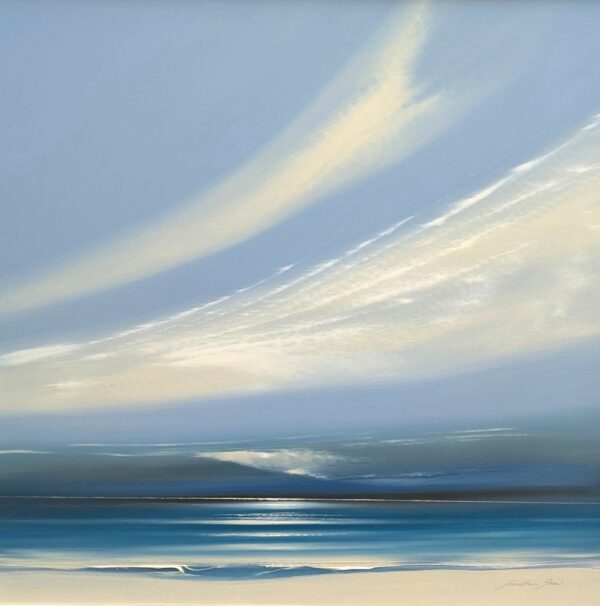 Lake District art original acrylic painting Wedgewood Skies by Jonathan Shaw of a sweeping sk with white clouds over a shoreline in soft pastel blues.