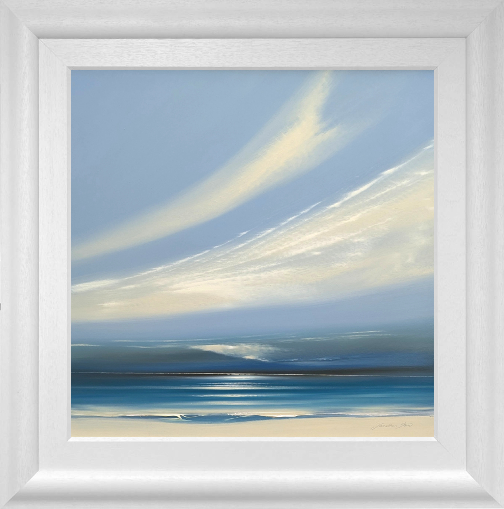 Lake District art original acrylic painting Wedgewood Skies by Jonathan Shaw in a white wood frame.