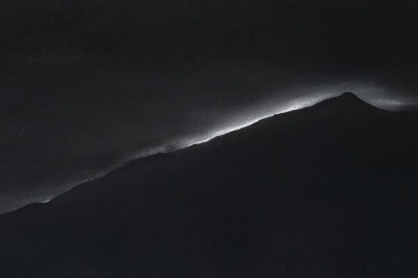 lake district art original charcoal painting of a silhouetted Old Man of Coniston with a dark sky