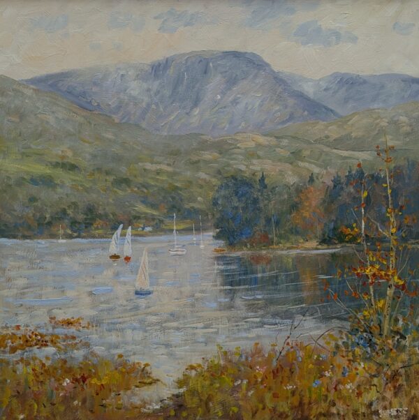 Lake District art local artist Jeff Sudders. Featuring an atmospheric Lake Windermere with Wetherlam in the distance