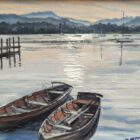 original oil painting by local artist Simon Whitfield featuring rowing boats on lake windermere from waterhead in ambleside