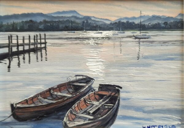 original oil painting by local artist Simon Whitfield featuring rowing boats on lake windermere from waterhead in ambleside