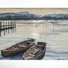 original oil painting by local artist Simon Whitfield featuring rowing boats on lake windermere from waterhead in ambleside