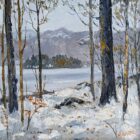 Lake District art original oil painting Winter by Grasmere by Jeff Sudders of a view of the lake and island with snow dusted mountains seen from a snowy woodland.