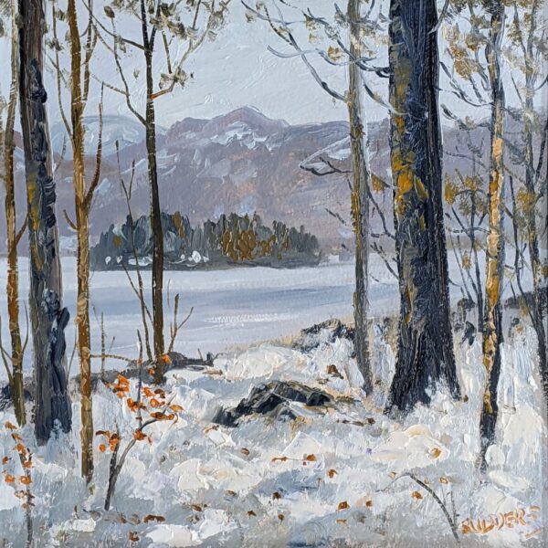 Lake District art original oil painting Winter by Grasmere by Jeff Sudders of a view of the lake and island with snow dusted mountains seen from a snowy woodland.