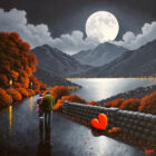 Lake District art original oil painting by David Renshaw. Ted and Doris with red love heart overlooking the lake and mountains in moonlight autumn leaves pumpkin