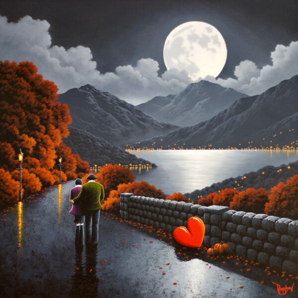 Lake District art original oil painting by David Renshaw. Ted and Doris with red love heart overlooking the lake and mountains in moonlight autumn leaves pumpkin