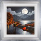 Lake District art original oil painting by David Renshaw. Ted and Doris with red love heart overlooking the lake and mountains in moonlight autumn leaves pumpkin
