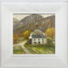 lake district art original oil painting by local artist Jeff Sudders featuring Yew Tree Farm. White cottage surrounded by autumn trees and fells in distance.