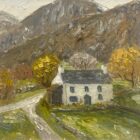lake district art original oil painting by local artist Jeff Sudders featuring Yew Tree Farm. White cottage surrounded by autumn trees and fells in distance.