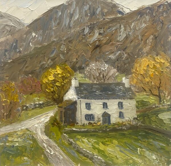lake district art original oil painting by local artist Jeff Sudders featuring Yew Tree Farm. White cottage surrounded by autumn trees and fells in distance.